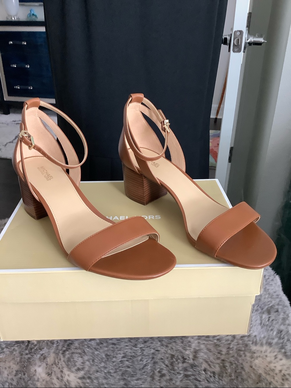 Michael Kors Cognac Leather Ankle-Strap Block Heel Sandals
